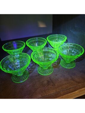 6pc Set 1930s Depression Glass Green Colonial OPTIC Footed Sherbet Dish WOW!